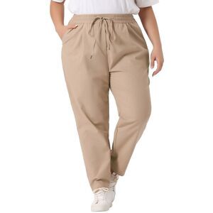 Plus Size Straight Leg Drawstring Elastic Loose Trousers with Pockets Khaki